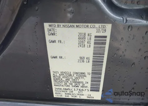 2020 Nissan Altima S Intelligent Awd z USA, uszkodzony, nr VIN 1N4BL4BW9LC176675